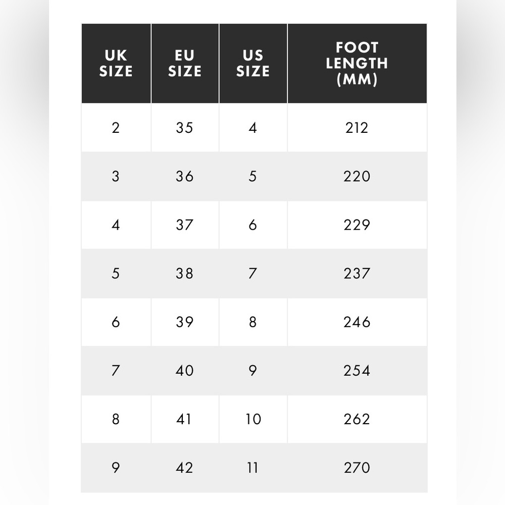 PSA Shoe Sizing Info